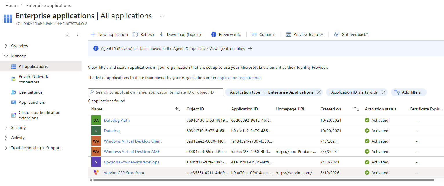 Enterprise applications list showing Vervint CSP Storefront