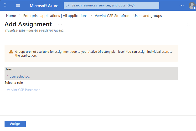 Add Assignment page with user and role selected, ready to assign